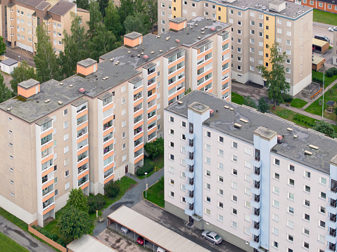 Aerial view of a group of apartment buildings in a residential area in Rauma, Finland.