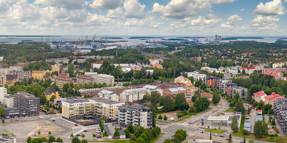 Aerial view of the town of Rauma on the Baltic Sea coast of Finland.