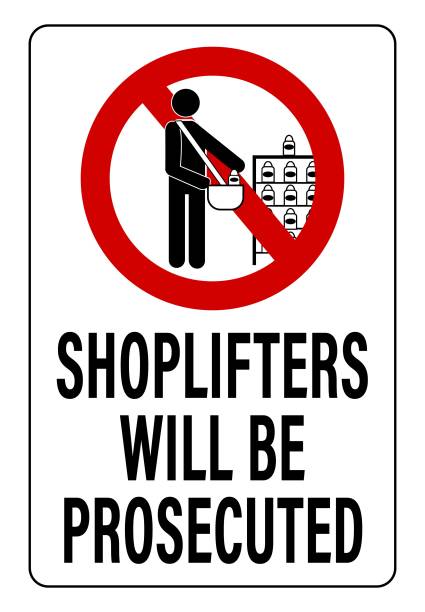 illustrations, cliparts, dessins animés et icônes de les voleurs à l’étalage seront poursuivis. interdire le signe avec une personne qui vend des marchandises dans un magasin. texte ci-dessous - voleur à létalage