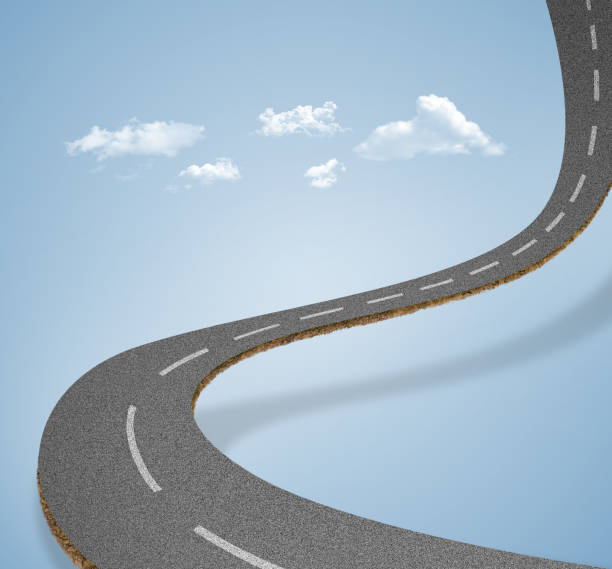 istock Curved 3d rendered road pathway with lines isolated with clouds. 3d bending road, car and vehicle background. Online shopping and transportation advertising design. 2002239134