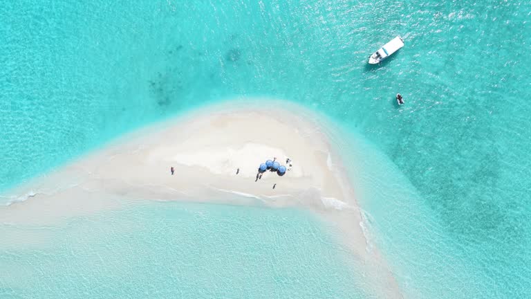 Top down aerial view of tropical seascape of atoll sandbank island in Maldives