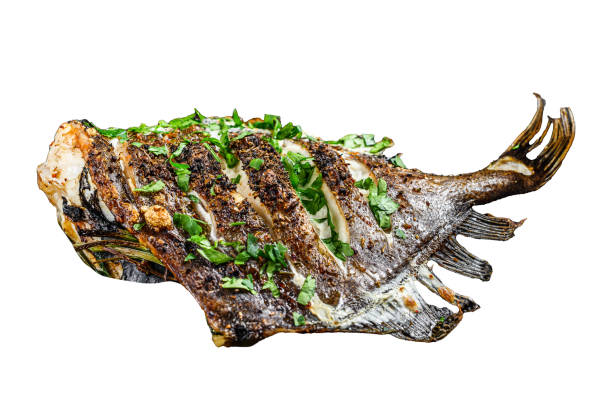 fried dory fish with lime and parsley  isolated on white background. top view. - dory imagens e fotografias de stock
