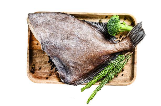 raw fresh john dory fish on a wooden tray with rosemary and broccoli. isolated on white background. top view. - dory imagens e fotografias de stock