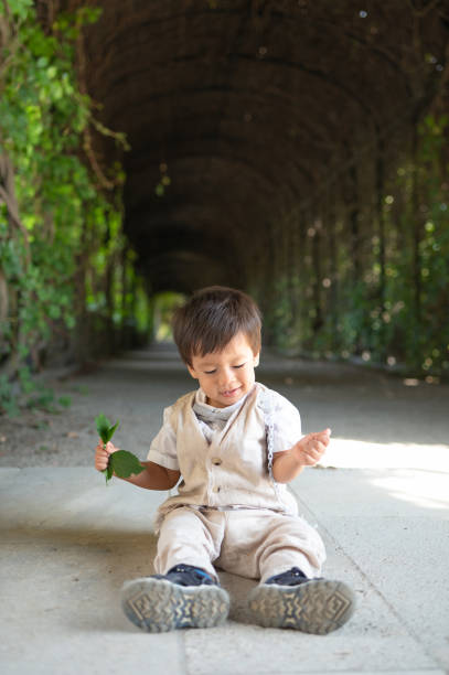 A young, multiracial toddler sits contently on the pathway in the park wearing a suit with bow tie, his bright blue clothing standing out against the greenery, as he gazes up at the towering tree with curiosity and wonder in his innocent face
