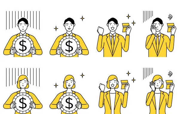 Vector illustration of Simple line drawing illustration of a man and a woman in suits, a set of images of the exchange rate fluctuations between a weaker and stronger dollar for investments and an increase or decrease in savings balance.