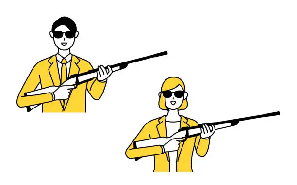 Vector illustration of Simple line drawing illustration of a man and woman in suits, sniper wearing sunglasses and holding a rifle