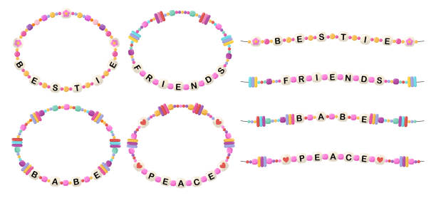 Bracelets with words bestie, friends, babe, peace Collection of vector jewelry, children's ornaments. Bracelet of handmade plastic beads. Set of bright colorful braided bracelets with letters from words bestie, friends, babe, peace. friendship bracelets hands stock illustrations