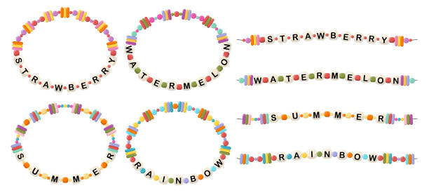 Bracelets with words strawberry, watermelon, summer, rainbow Collection of vector jewelry, children's ornaments. Bracelet of handmade plastic beads. Set of bright colorful braided bracelets with letters from words strawberry, watermelon, summer, rainbow. friendship bracelets hands stock illustrations