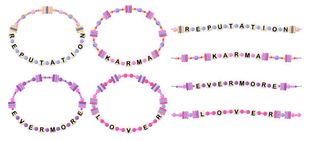 Bracelets with words reputation, karma, evermore, lover Collection of vector jewelry, children's ornaments. Bracelet of handmade plastic beads. Set of bright colorful braided bracelets with letters from words reputation, karma, evermore, lover. friendship bracelets hands stock illustrations