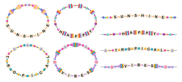 Collection of vector jewelry, children's ornaments. Bracelet of handmade plastic beads. Set of bright colorful braided bracelets with letters from words sunshine, happy, tropical, vibes