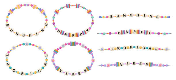 Bracelets with words sunshine, happy, tropical, vibes Collection of vector jewelry, children's ornaments. Bracelet of handmade plastic beads. Set of bright colorful braided bracelets with letters from words sunshine, happy, tropical, vibes friendship bracelets hands stock illustrations
