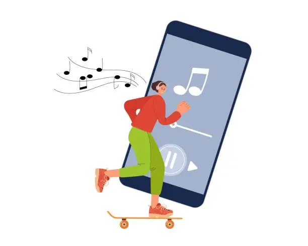Vector illustration of Woman listens to music from her phone while snowboarding. Woman skateboarder listens to music with headphones. Healthy Active lifestyle. Color vector illustration. Music lover riding skateboard.