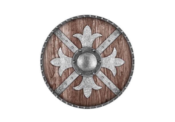 istock Old decorated wooden round shield isolated on white background 2002287181