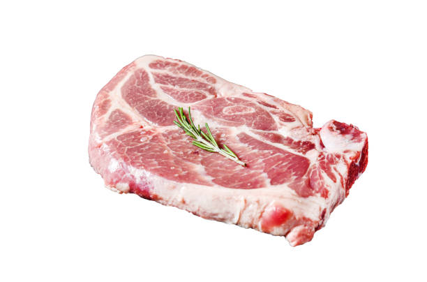 istock Fresh pork steak. Marbled meat.  Isolated on white background. Top view. 2002293474