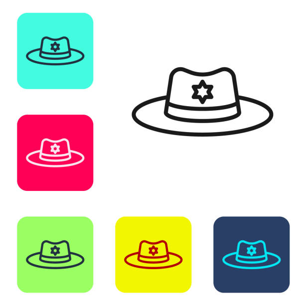 black line sheriff hat with badge icon isolated on white background. set icons in color square buttons. vector - cowboy hat hat country and western music wild west stock illustrations