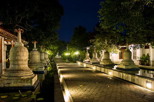 View from a Buddhist Monastery statues in the park at night in Java, Indonesia