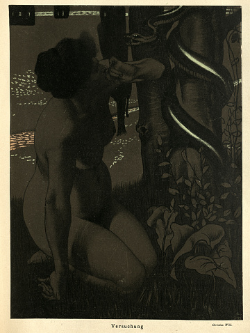 Vintage illustration Eve and the serpent in the Garden of Eden, Temptation, Versuchung, German, Jugendstil, Art Nouveau, 1890s, 19th Century
