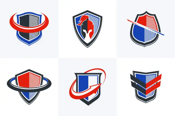 Vector illustration of Classic shields shapes set with different additional elements vector symbols set, defense and safety icons, ammo emblems collection.