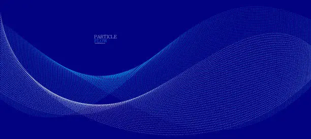 Vector illustration of Blue dots in motion dark vector abstract background, particles array wavy flow, curve lines of points in movement, technology and science illustration.