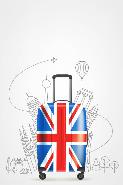istock Color plastic travel bag with Great Britain flag and famous world sights. 3d vector illustration with copy space 2002360635