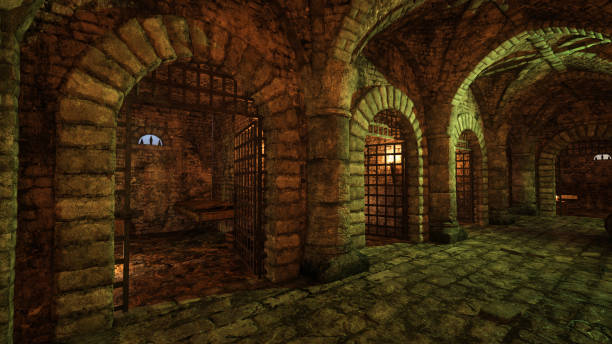 istock Row of empty prison cells in an old medieval dungeon passage. 3D illustration. 2002361226