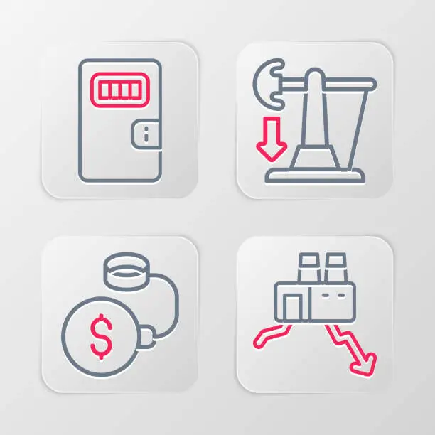 Vector illustration of Set line Shutdown of factory, Debt ball chained coin, Drop crude oil price and Prison cell door icon. Vector