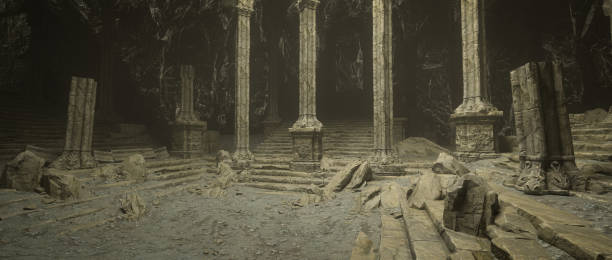 istock Dark dusty ruin of an ancient fantasy temple built into a mountain. Panoramic 3D render. 2002361233