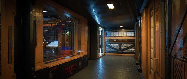 Corridor in a futuristic sci-fi fantasy space ship in orbit around a remote planet. Cinematic wide 3D render.