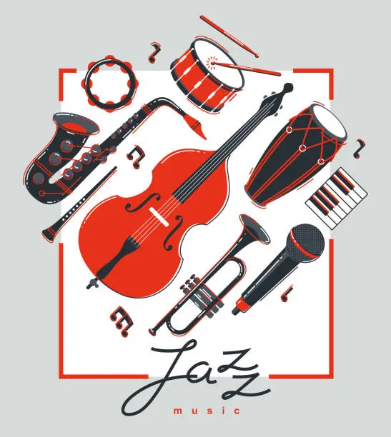 Vector illustration of Jazz music band poster different instruments vector flat illustration, live sound festival or concert advertising flyer or banner, play different instruments orchestra.