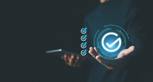 digitales garantie-häkchen, geschäftsprüfung qualitätssicherung qa oder qc-management, zertifizierung standardisierung, zertifizierung, beantwortung von testfragen für das umfrageformularkonzept. - perfektion stock-fotos und bilder