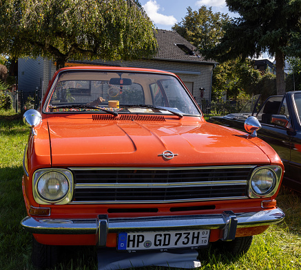 Weiterstadt, Germany September 24, 2023: Opel Kadett in red at Chromblitz in Weiterstadt at Braunshardt Castle