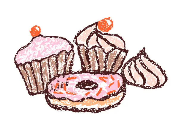 Vector illustration of Doodle hand drawn sweet food set. Crayon, pencil or pastel chalk like kid`s style dessert, donut, cupcake, muffin, cake, cream, cream.