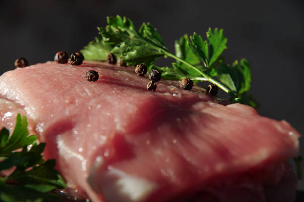 fresh meat with spices on a black background