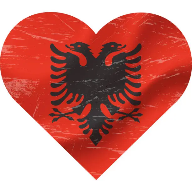 Vector illustration of Albania flag in heart shape grunge vintage. Albania flag heart. Vector flag, symbol.
