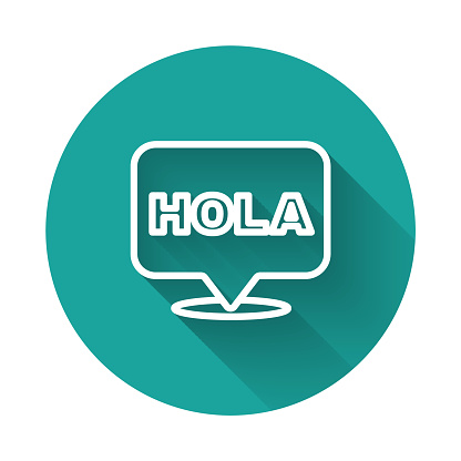 White line Hola icon isolated with long shadow background. Green circle button. Vector.