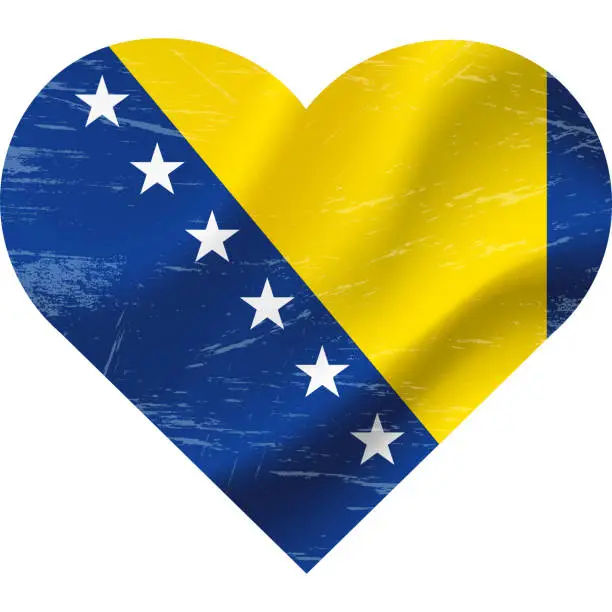 Vector illustration of Bosnia and Herzegovina flag in heart shape grunge vintage. Bosnia Herzegovina flag heart. Vector flag, symbol.