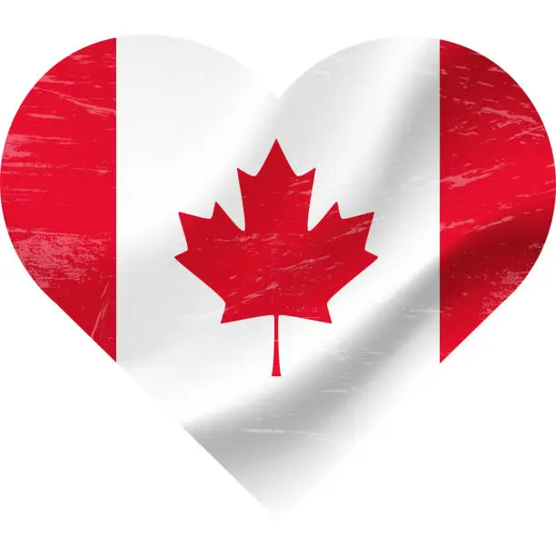 Vector illustration of Canada flag in heart shape grunge vintage. Canadian flag heart. Vector flag, symbol.