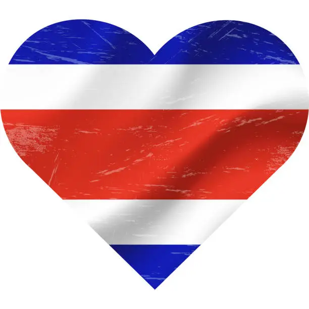 Vector illustration of Costa Rica flag in heart shape grunge vintage. Costa Rica flag heart. Vector flag, symbol.