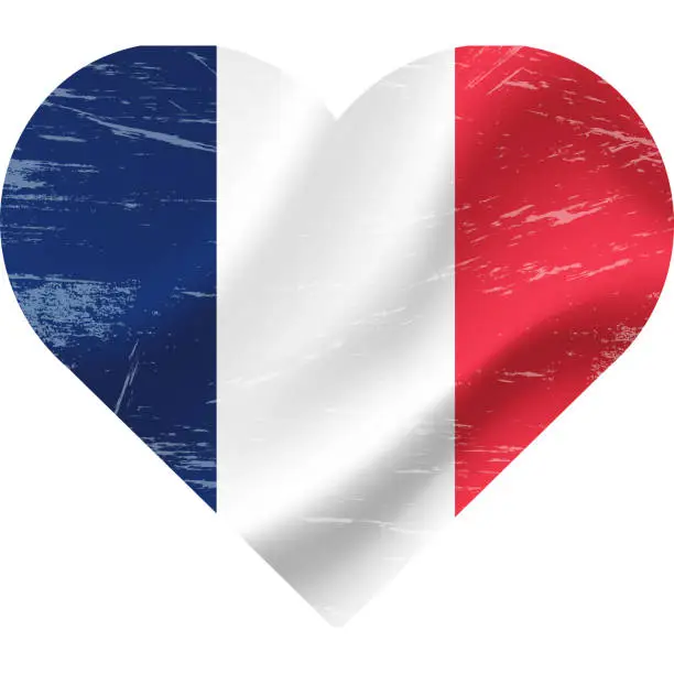 Vector illustration of France flag in heart shape grunge vintage. French flag heart. Vector flag, symbol.