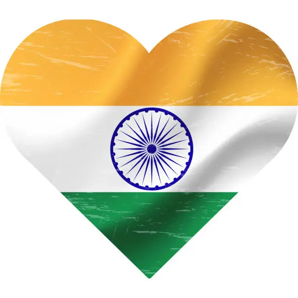 Vector illustration of India flag in heart shape grunge vintage. Indian flag heart. Vector flag, symbol.