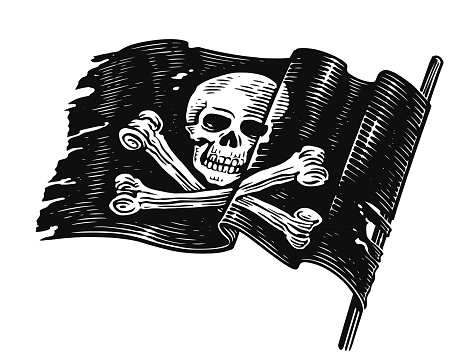 Pirate flag with skull and crossbones. Hand drawn Jolly Roger banner. Sketch vintage illustration engraving style
