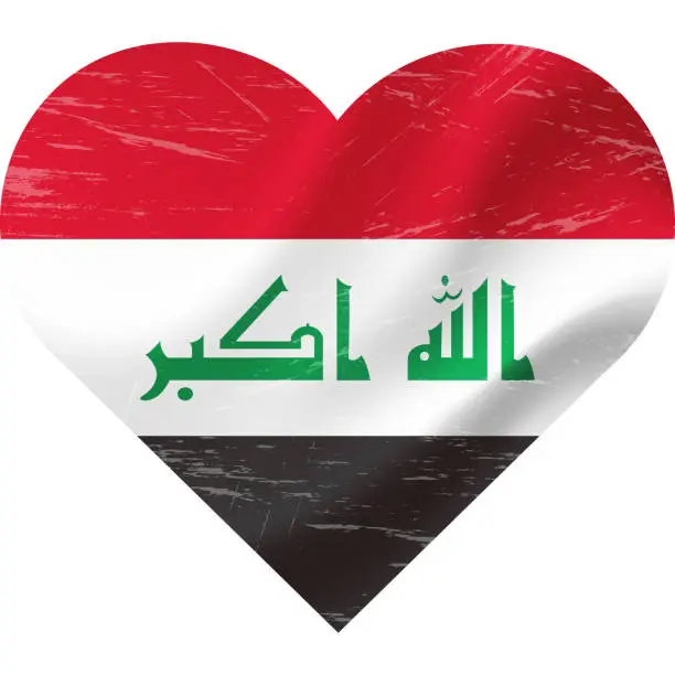 Vector illustration of Iraq flag in heart shape grunge vintage. Iraq flag heart. Vector flag, symbol.