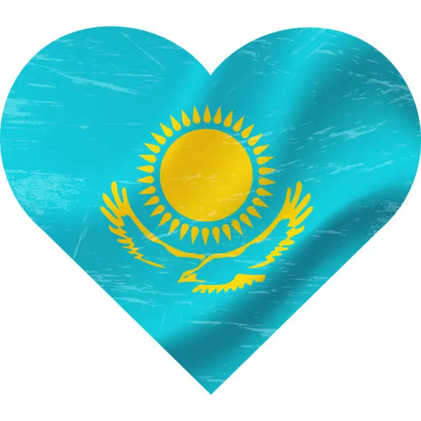 Vector illustration of Kazakhstan flag in heart shape grunge vintage. Kazakhstan flag heart. Vector flag, symbol.