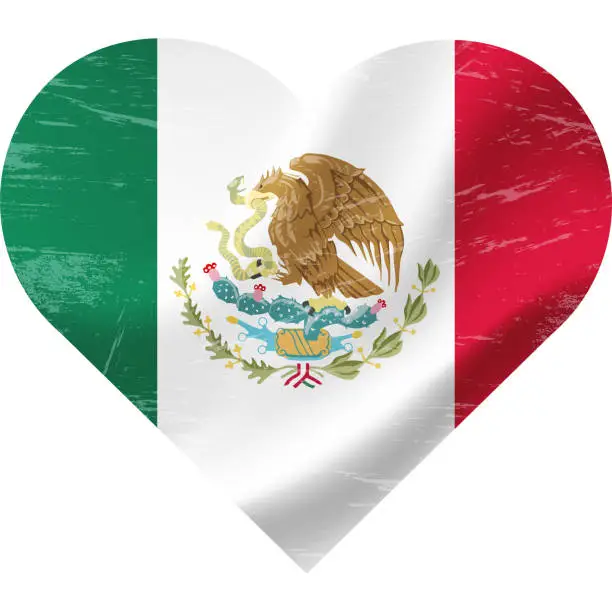 Vector illustration of Mexico flag in heart shape grunge vintage. Mexican flag heart. Vector flag, symbol.