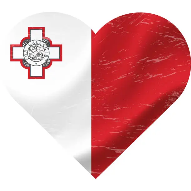 Vector illustration of Malta flag in heart shape grunge vintage. Maltese flag heart. Vector flag, symbol.