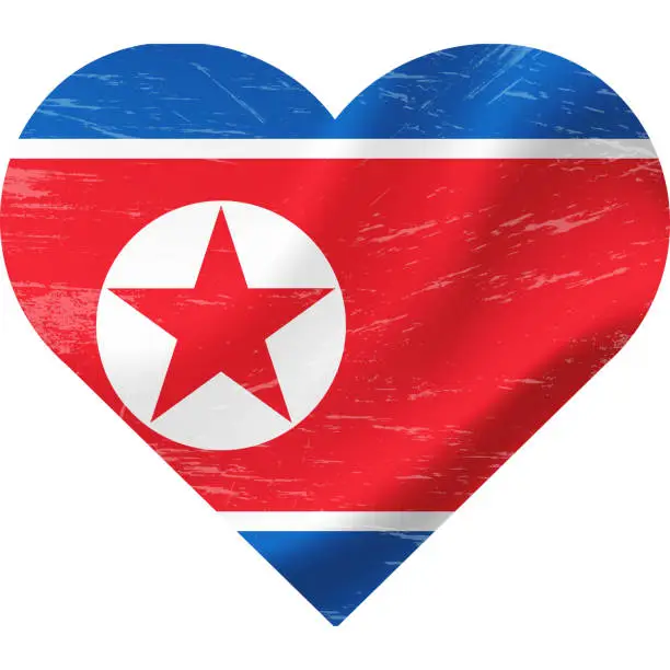 Vector illustration of North Korea in heart shape grunge vintage. Korean flag heart. Vector flag, symbol.