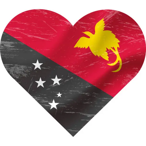 Vector illustration of Papua New Guinea flag in heart shape grunge vintage. New Guinea flag heart. Vector flag, symbol.
