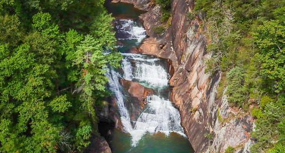 Three tiers of waterfalls in this shot taken in the Tallulah Gorge in Tallulah Falls, Georgia.