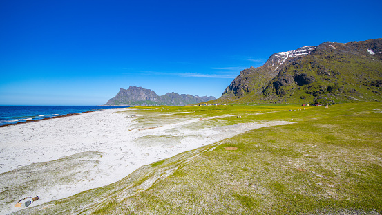 Beautiful norwegian landscape at Uttakleiv Beach, Haukland at famous Lofoten Islands in Norway
