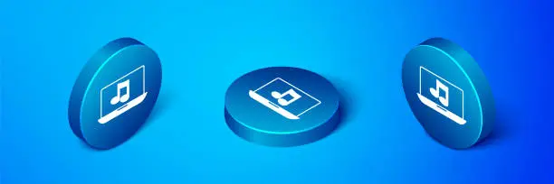 Vector illustration of Isometric Laptop with music note symbol on screen icon isolated on blue background. Blue circle button. Vector